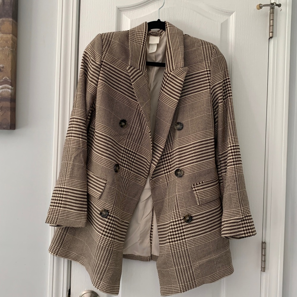 H&M Brown Plaid Double Breasted Blazer Jacket Women's Size 0 Dark Academia